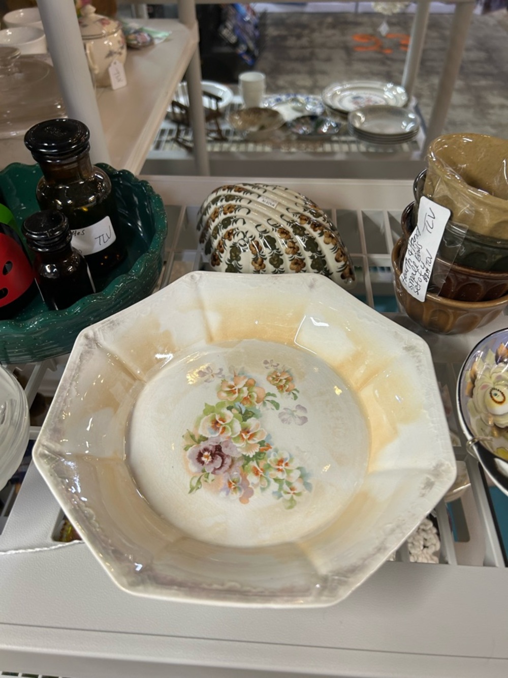 Vintage Floral Octagonal Serving Bowl - Cream and Pastel Floral